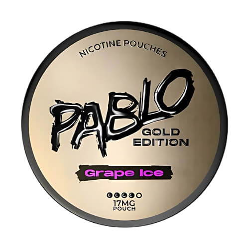 Pablo Gold Edition Grape Ice in a round tin, blending bold grape flavour with an icy cool touch and 17mg nicotine strength in a tobacco-free pouch.